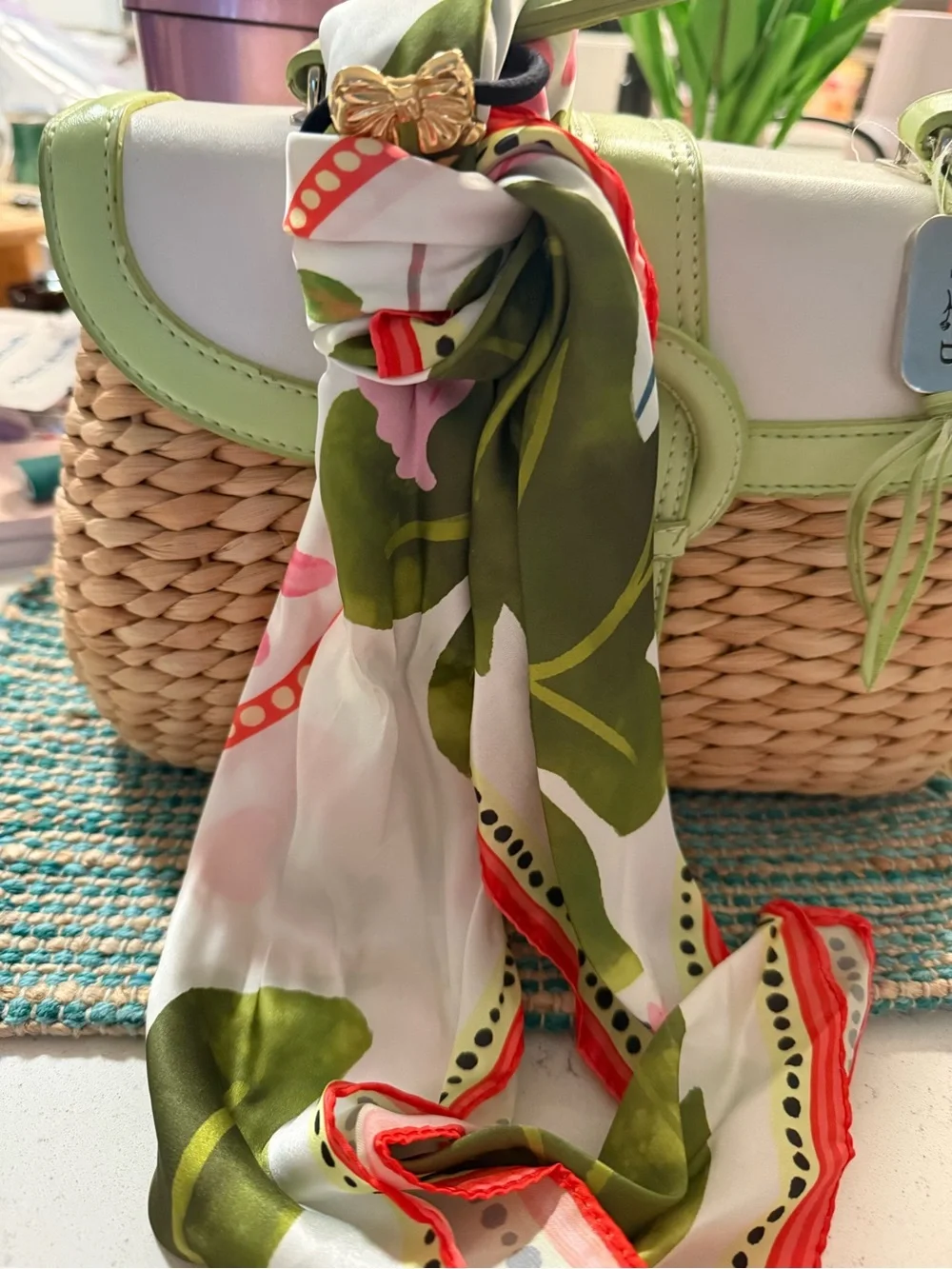 🌷NEW🌷Woven Straw Satchel with Green Trim and Floral Scarf (optional)